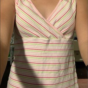 light pink, white, reddish pink, light green top